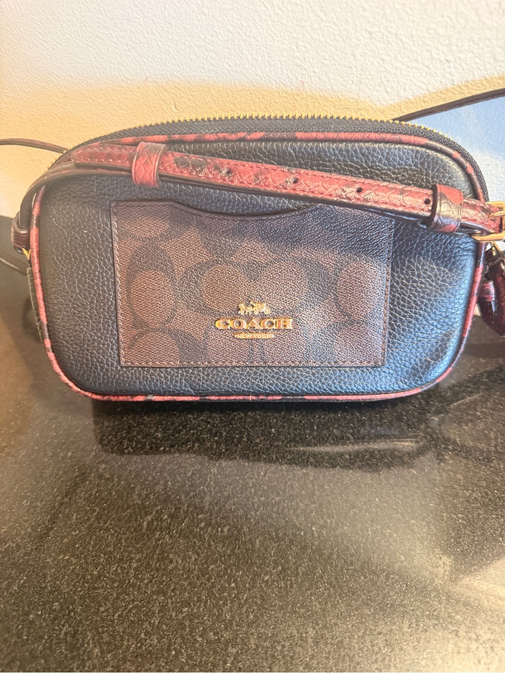 Coach Brown Signature Crossbody with Black Pebbled Leather and Red Trim
